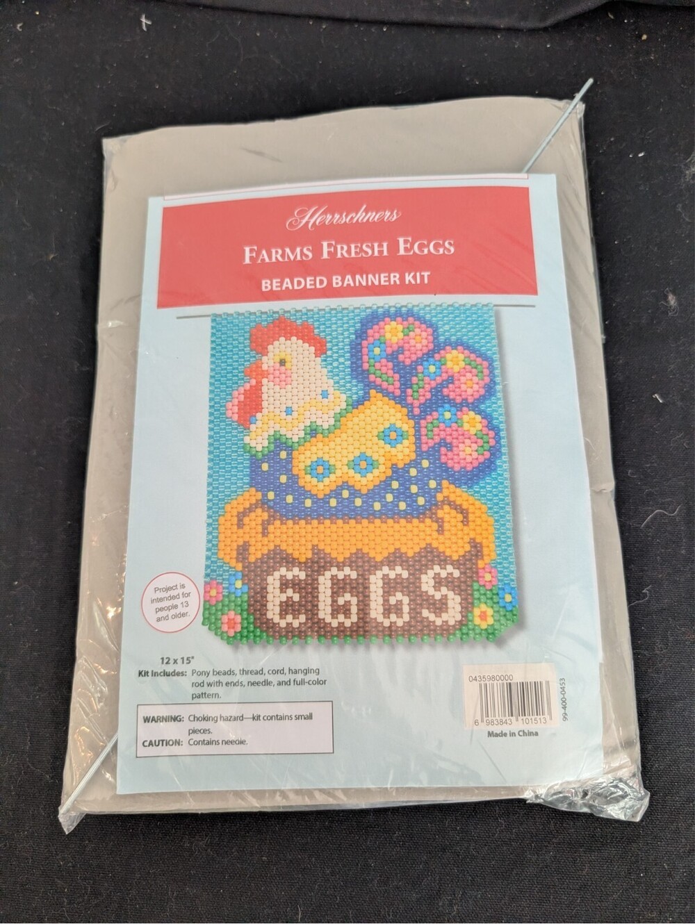 Herrschners Farm Fresh Eggs Beaded Banner Kit Rooster Wall Hanging 12x15